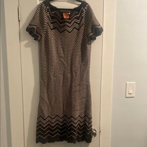 Tory Burch Black and White Sheath Dress with Flutter Sleeves